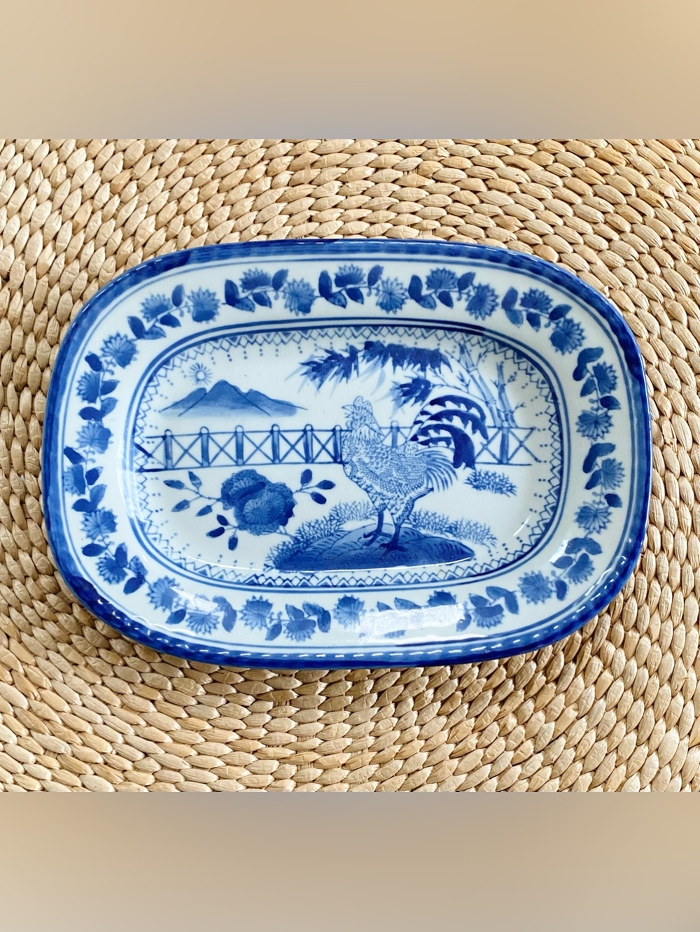 Vintage Blue & White Porcelain Rooster Oval Platter Bread Dish Chinoiserie